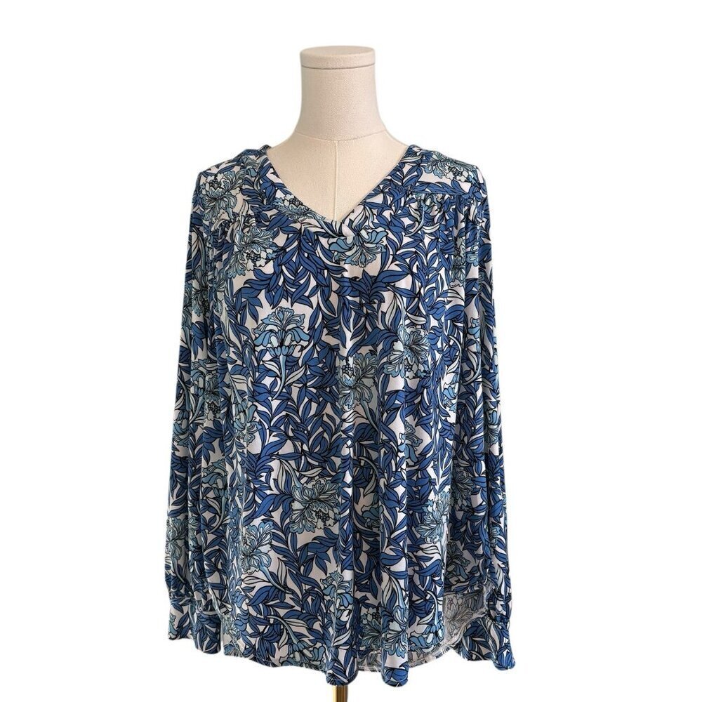 Lane Bryant Womens 14/16 Plus Blue Floral Soft Stretch Work Casual V-Neck Blouse